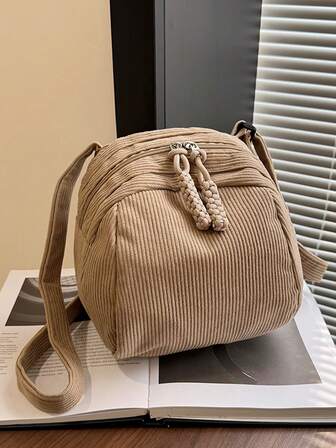 多口袋迷你灯芯绒便携式通勤拉链时尚简约休闲百搭单肩包/斜挎包，适合女性日常使用