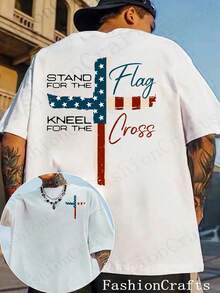 Patriotic Christian Faith T-Shirt, Stand For The Flag, Kneel For The Cross Religious Shirt, Cross Design Men's T-Shirt Showing American Pride, Conservative Christian Cotton Clothing - 白色 - 查看 1