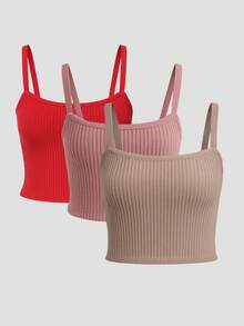 Conjunto de 3 piezas de tirantes casual adelgazante para mujer, unicolor, camiseta casual versátil para uso diario - Desnudo rosa - Ver 2