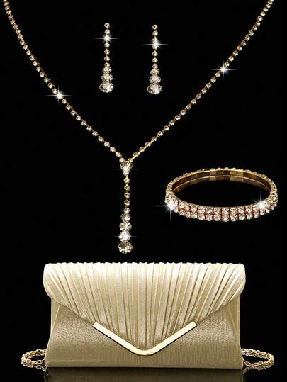 Conjunto de joyas con strass: collar, aretes y pulsera para bolso de embrague de lujo para fiesta, boda romántica, bolso de hombro con cadena para primavera/verano, bolso de novia, embrague formal para baile de graduación, bolso de vestido de noche elegante, perfecto para fiesta, boda, cena/banquete formal