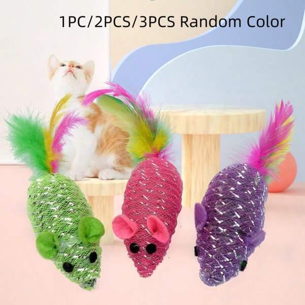 1pc/2pcs/3pcs Random Color Pet Mesh Mice Cat Toys, Feather Decor Mouse Shaped Self-Playing Toys For Cats