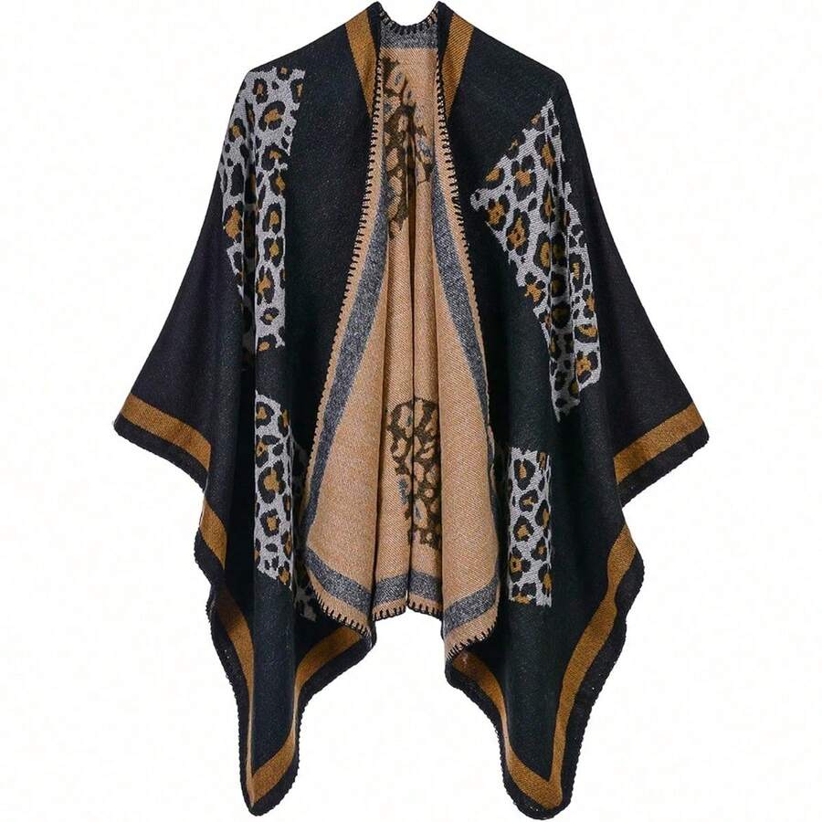 Women's Warm Shawl Wrap Cape Winter Cardigan Sweaters Open Front Poncho - X3-黑色(豹紋) - 查看 1