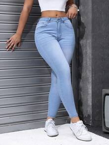 Jeans skinny mezclilla pantalones vaqueros dama mujer cintura alta cinco bolsillos ajuste ceñido costuras contraste elástica diario casual cómodos denim - Azul - Ver 4