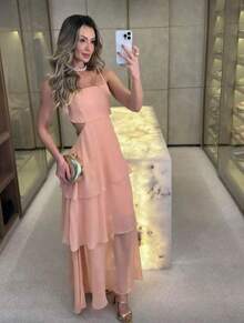 Chiffon Ruffle Long Party Dress With Padded Cup For Wedding Party, Graduation, Birthday Summer - Guava - View 2