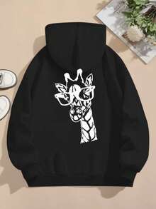 Mujer003-1 Sudadera de mujer Almacén local en México casual vestidos de mujer casual deporte hogar otoño e invierno sudadera de manga larga  cómoda ajuste suave estampado versátil  Sudadera con capucha negra y un patrón blanco de una jirafa con gafas de sol. - Negro - Ver 1