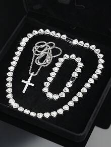 مجموعة مجوهرات كوبية على شكل قلب بطراز الهيب هوب - 3 قطع (قلادة وسوار)، مع قلادة من الفولاذ المقاوم للصدأ بشكل صليب، مجوهرات باردة، مناسبة للرجال والنساء، مناسبة للارتداء اليومي، الحفلات، هدايا عيد الميلاد/عيد الحب