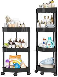 Um organizador de canto triangular de cinco camadas com quatro divisórias e três níveis, feito de plástico com rodízios, é ideal para guardar todos os itens essenciais do dia a dia no banheiro e na cozinha. É muito prático de montar, desmontar e mover, e não ocupa muito espaço. (Este produto é feito de plástico ABS de qualidade comum. A cor pode variar de branco a branco claro, podendo haver pequenas diferenças de tonalidade.)