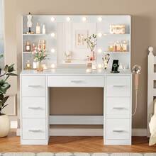 Furniwell 43" Vanity Desk Set With Power Outlet, Makeup Vanity Table With Bulbs Mirror 3 Color & Brightness Adjustable 7 Drawers For Storage,   Makeup Vanity Desk With Outlets, Large Mirror With Light Bulbs Color & Brightness Adjustable,  7 Drawers For Storage With Hairdryer Holder Christmas Gift For Girls Women - Shell white - View 1