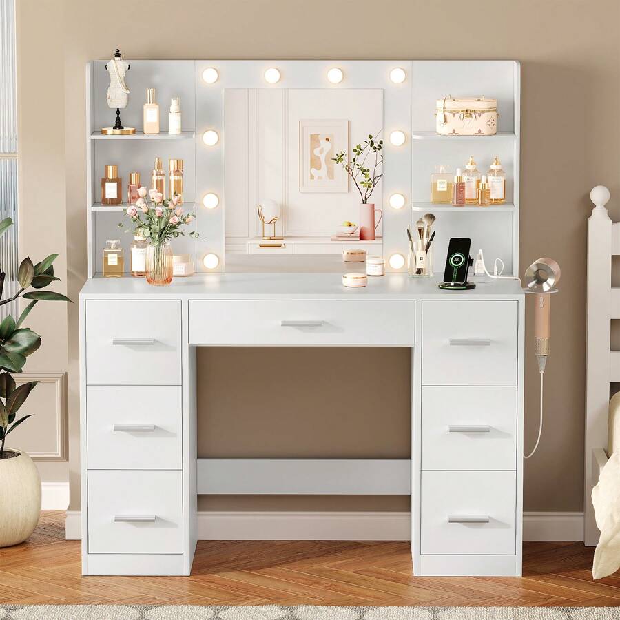 Furniwell 43" Vanity Desk Set With Power Outlet, Makeup Vanity Table With Bulbs Mirror 3 Color & Brightness Adjustable 7 Drawers For Storage,   Makeup Vanity Desk With Outlets, Large Mirror With Light Bulbs Color & Brightness Adjustable,  7 Drawers For Storage With Hairdryer Holder Christmas Gift For Girls Women - Shell white - View 1