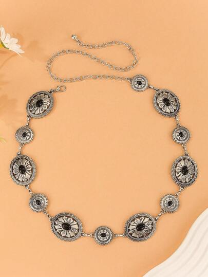 Vintage Silver Hollow Oval Waist Chain, Geometric Floral Engraved Metal Belly Chain Waist Belt, Adjustable Body Chain With Floral Print, Bohemian Zinc Alloy Metal Waist Belt, Suitable For Spring, Summer, Autumn And Winter