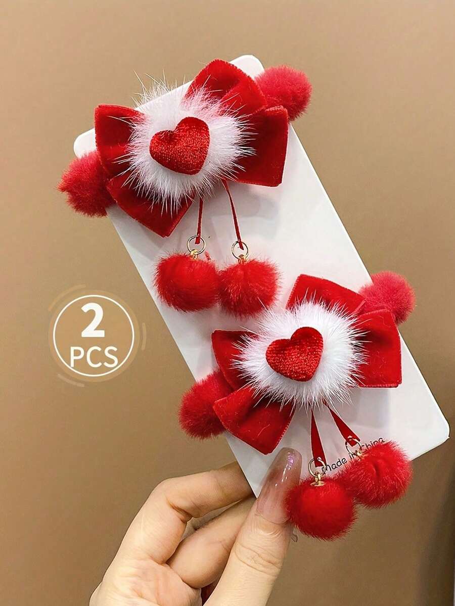 2pcs Christmas Cute Plush Bow Headband With Heart Pendant And Elastic Hair Band - Red & White Fluffy Hair Clips, Valentine's Day, Christmas, Birthday Party Accessories - Soft Stretchy Adult Headband - Multicolor - View 1
