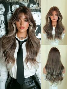 AKAKO 26 Inch Flax Brown Ombre Long Wavy Wig With Curtain Bangs, High Quality Heat-Resistant Fiber Synthetic Wave Curly Hair Wig, Gorgeous Goth Style Costume Wigs For Women Halloween Party Masquerade Ball,Music Festivals & Carnival Use - 亞麻棕 - 查看 2