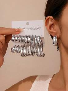 1/5/10 Pairs Women's Thick Silver Chain Twisted Open Hoop Earrings Set, Unique Geometric Shape Stud Earrings, Bohemian Vintage C-Shape Silver Earrings, Jewelry Party Fashion Accessories