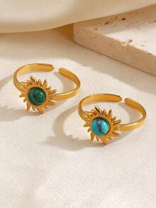 2pcs/Set Stainless Steel 18K Gold Plated Fashion Turquoise/Malachite Inlaid Sun Ring Set, Suitable For Women's Daily And Party Wear