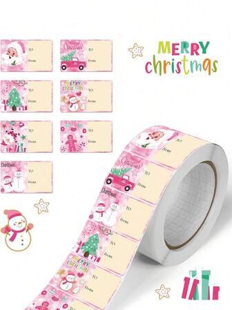 210pcs/Roll Christmas Name Tag Stickers Waterproof Self Adhesive Pink Gift Tags Lovely Simple Merry Christmas Labels For Christmas Gifts Wrapping Festival Birthday Holiday Decor, Christmas Supplies.