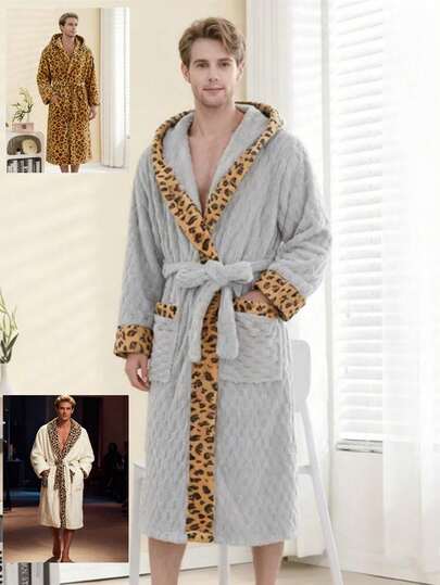 1 Áo choàng tắm có mũ trùm đầu unisex, họa tiết da báo phối ghép, kết cấu 3D, mềm mại và ấm áp, thích hợp cho tắm vòi sen, bơi lội, ở nhà, mặc thường ngày, khách sạn, sử dụng cá nhân hoặc làm quà tặng.