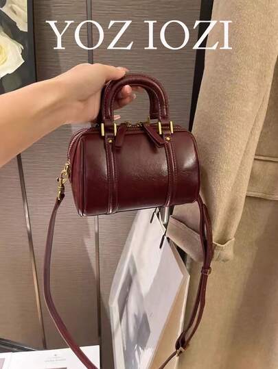 Vintage Soft Leather Pillow Handbag For Women, Versatile Fashion Commuter Tote Bag For Daily Use, Red Cylinder Shaped Shoulder Bag , Vintage Bag