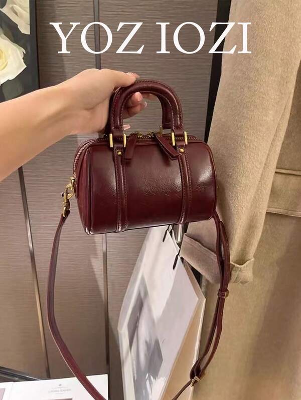 Vintage Soft Leather Pillow Handbag For Women, Versatile Fashion Commuter Tote Bag For Daily Use, Red Cylinder Shaped Shoulder Bag