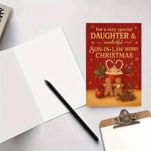 1 Peça Cartão de Natal para Filha e Genro - Design de Família de Pão de Gengibre Vermelho e Dourado com Recortes de Coração, Lembrança Festiva de Férias para Pais, Presente para Sogros, Cartão de Papel Fácil de Enviar para Comemorações Familiares - Multicolorido - Visão 4