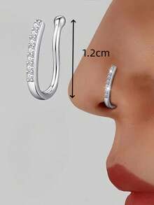 1pc Faux Nose Stud/Clip Hoop, Simple U-Shape With Micro Paved Cubic Zirconia, Fashionable For Women - Silver - View 4