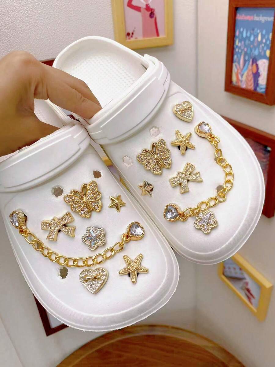 14pcs Gold Heart, Butterfly, Bow, Star, Starfish Shoe Clips, Multifunctional Shoe Accessories For Women's Sandals, Slippers, Beach Bags, Ideal For Holidays And Birthday Party Gifts