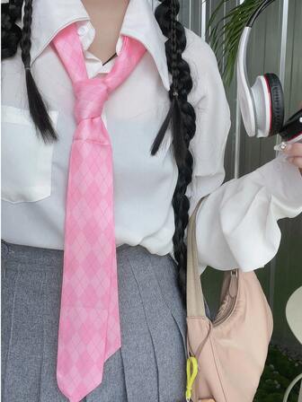 1pc Pink & Mint Green Plaid Necktie, Long Scarf, Headband, Waist Belt Multi-Use Accessory