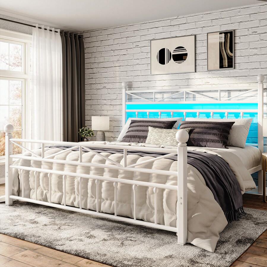 EnHomee 54" LED Bed Frame With Tall Headboard & Footboard Metal Bed Frame With Under Bed Storage No Box Spring Needed,Noise-Free, Christmas Decor, Furniture House Decor, White - Xem 1