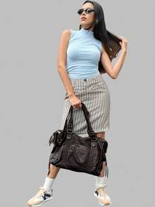 DareSee 复古休闲酷炫街头风柔软水洗PU纯素皮革手提包，拉链封口，拉链口袋，编织装饰，大容量，可装13英寸笔记本电脑，可调节长肩带，斜挎单肩包，女士日常大学通勤旅行多功能包，Y2K风格，2000年代时尚风格，波西米亚风格包包，适合音乐节、Y2K音乐节、返校季、秋冬季节等场合，是音乐节的理想礼物。 - 咖啡棕 - 查看 3