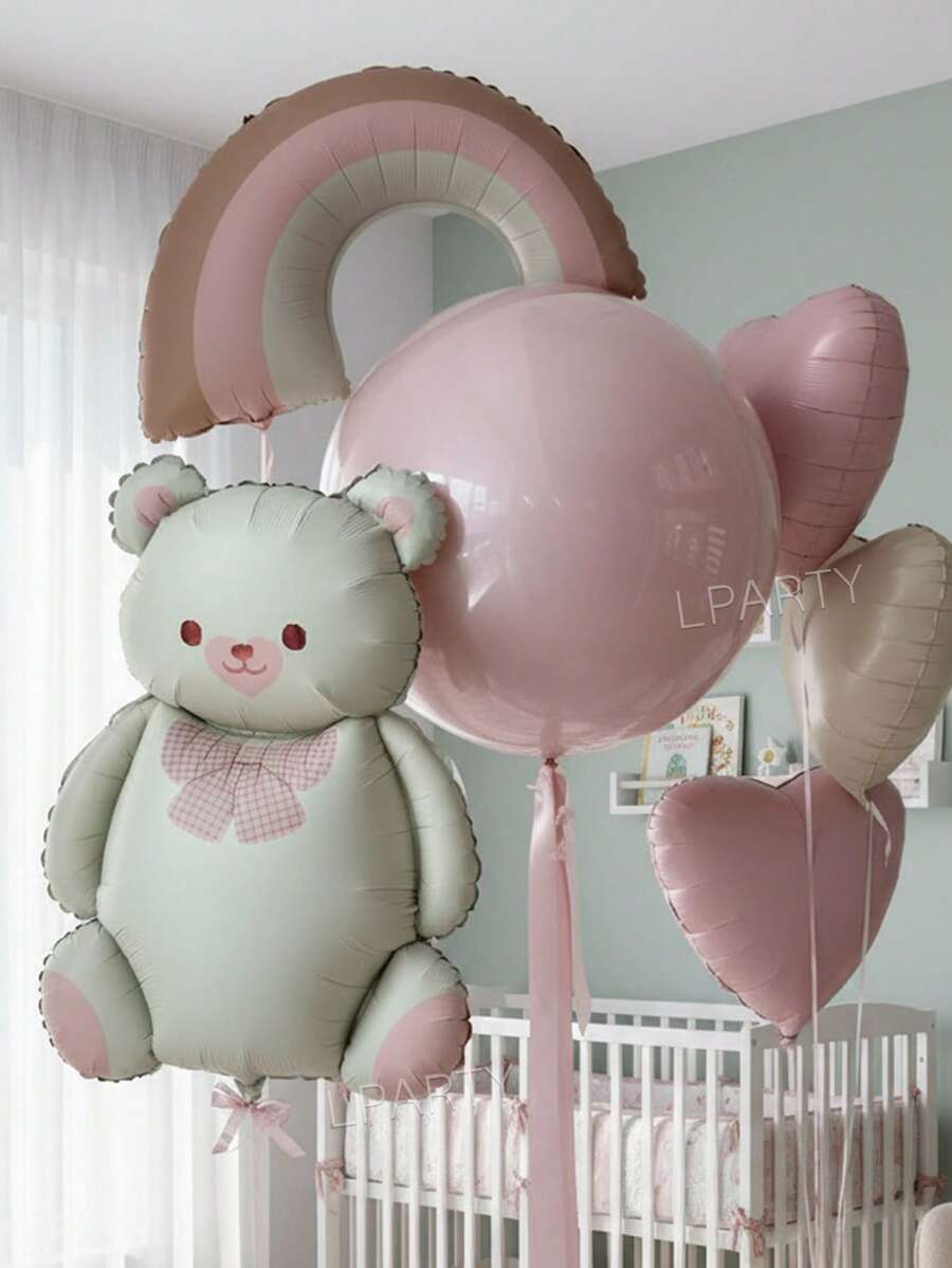 7pcs/5pcs Dreamy Creamy Bear Balloon Set, Matte Pink Rainbow Balloons, 24-Inch Transparent Non-Stretch Bobo Balloons, 18-Inch Macaron Pink Latex Balloons, 18-Inch Macaron Pink And Creamy Heart-Shaped Foil Balloons, Exquisite Decorations For Baby Shower Party And Birthday Celebration - Multicolor - View 1