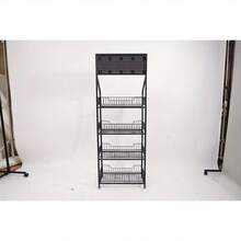 4-Tier Snack Candy Display Rack Organizer, Storage Shelf Display Rack With Wheels & Hooks, Metal Retail Display Rack Stand, Basket Stand Cart - Black - View 8