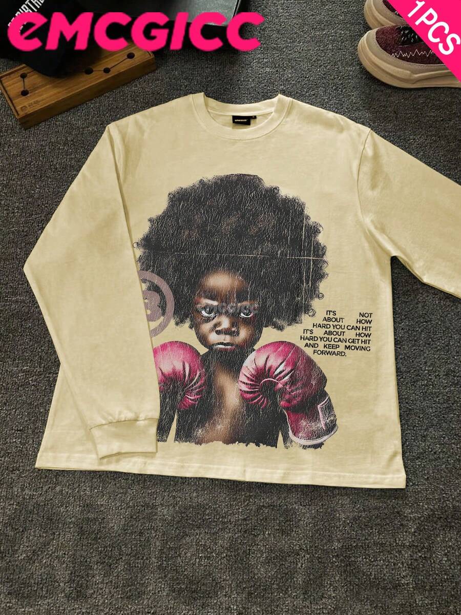 EMCGICC Manfinity Y2k Long Sleeve Shirts ,Graphic T Shirt Cotton 250g,Fashionable Hip-Hop For Men -  Long Sleeve T-Shirts, Funny Vintage Shirts,Regular Fit, Street Style, Digital Print,  Ideal Gift - 米色 - 查看 1