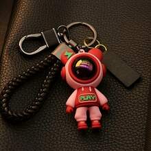 1Pcs Cute Lightning Bear Keychain, Cartoon Astronaut Bear Doll Keychain Men's Car Key Women's Bag Pendant Couple Keychain Chain Ring, With Black Braided Rope And Practical Hook, Suitable For Keys, Bags And Other Items - 黑色 - 查看 4