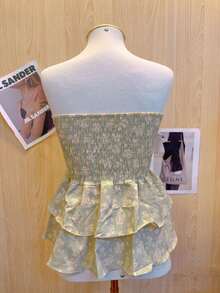 Cropped Top With Strapless Ruffled Print - ירוק - ראה 2