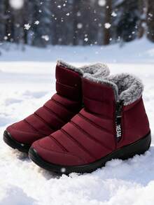 女士轻便毛绒内衬冬季雪地靴，保暖平底踝靴，女士户外靴，中年女性冬季休闲鞋。 - 紅色 - 查看 1