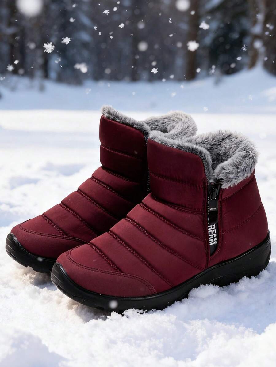 女士轻便毛绒内衬冬季雪地靴,保暖平底踝靴,女士户外靴,中年女性冬季休闲鞋。 - 紅色 - 查看 1