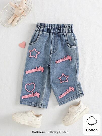 Baby Girl Casual City Wide Leg Jeans, With Letter Graphic Embroidery Decor, Pleated Waist And Elastic