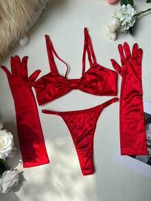 女士性感缎面套装，内衣，趣味三件套（含手套） - 紅色 - 查看 3
