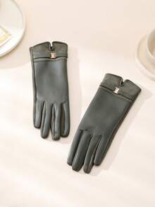 1 par de guantes elegantes y casuales para mujer de unicolor con remaches incrustados de PU (poliuretano), para deportes al aire libre casuales de otoño/invierno - Verde militar - Ver 2