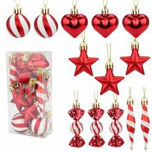 Set di decorazioni natalizie con palline a righe simili ai bastoncini di zucchero, cuori, stelle e decorazioni di varie forme - kit di decorazioni per albero di Natale in plastica lucida con ganci per appendere per Natale, Capodanno, feste del Ringraziamento (senza piume/neve), decorazioni natalizie, decorazioni per albero di Natale, decorazioni natalizie a forma di bastoncino di zucchero, palline di Natale, ornamenti per albero di Natale, decorazioni natalizie a forma di caramella, decorazioni per albero di Natale, decorazioni natalizie rosse, palline di Natale
