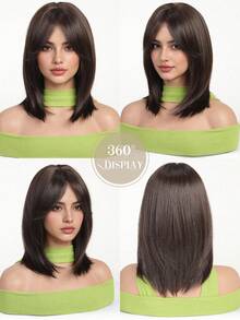 14 Inch Deep Brown Layered Bob Wig, French Eight-Shaped Bangs Face-Framing, Smooth Straight Short Hair, High-Temperature Synthetic Fiber, Versatile For Daily Commute, Workplace, Dating, Breathable Adjustable Mesh Cap - 黑棕色 - 查看 6