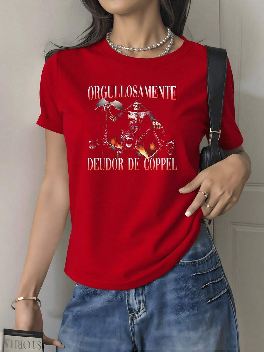 Camiseta gráfica negra Camisa de T con estampado digital orgullosamente deudor diseño temático 220 gramos diseño casual estilo urbano Camiseta de mujer con cuello redondo 1 unidad de 100% algodón - Rojo - Ver 1
