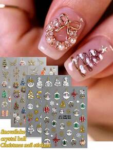 5D Goldene Weihnachts-Nagelkunst-Aufkleber, Geprägte Winterkristallkugel-Nageldekore, Schneemann, Schneeflocken, Weihnachtsbaum, Weihnachts-Nageldesigns, Maniküre-Accessoires, Weihnachts-Nagelaufkleber für Nagelkunstdekorationen