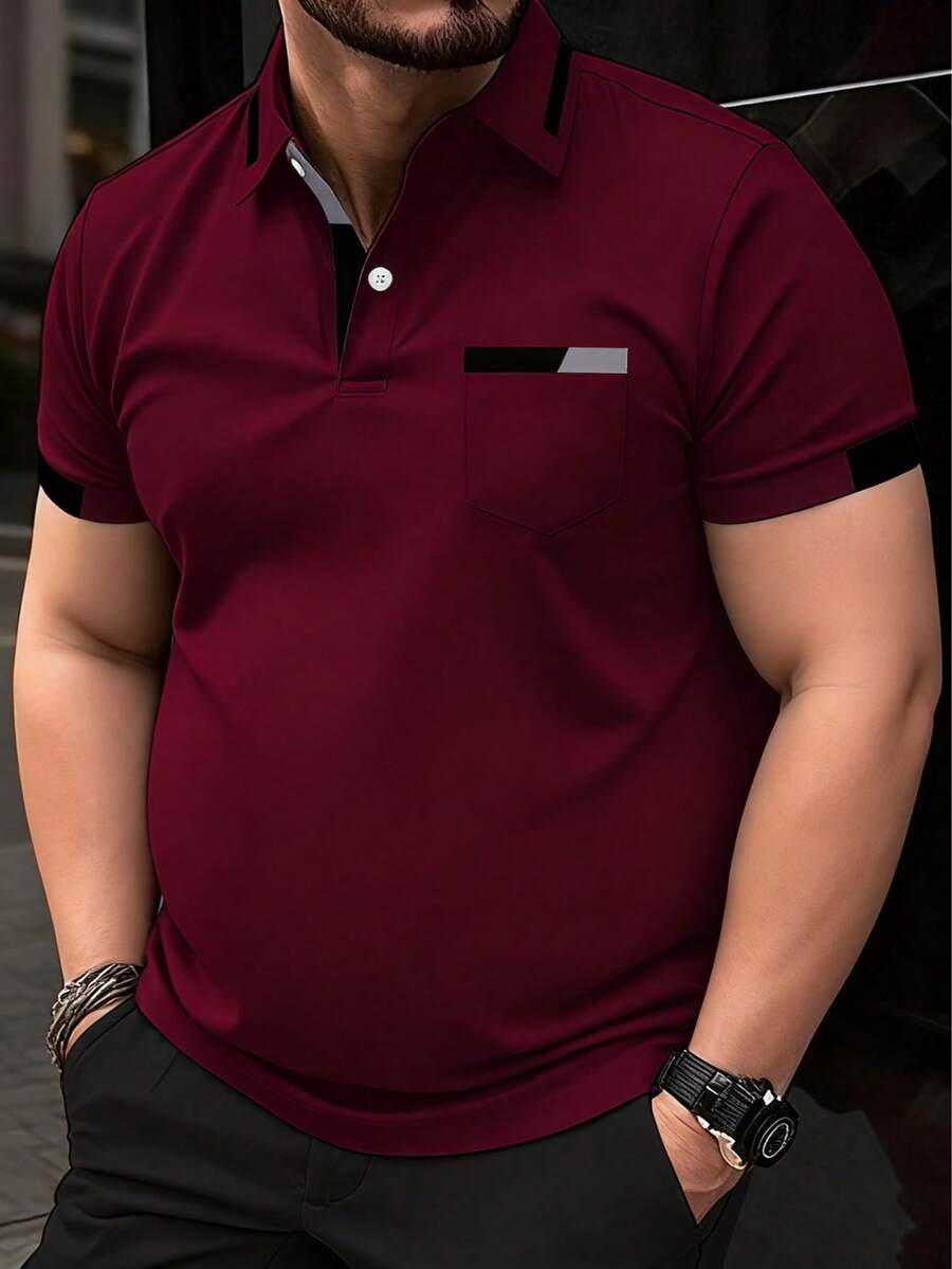 大码男士夏季正式商务休闲 Polo 衫，简约拼色领扣短袖上衣，大码时尚百搭 Polo 衫，适合日常通勤，面料舒适，有洋红色、海军蓝、橄榄色、酒红色可选