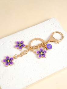 1pc Gold-Tone Alloy Colorful Floral Letter Keychain - Enamel Flowers, Multi-Color (Gray/Black, Purple, Blue, Pink), Gold Chain, Letter Pendant (A), Luxury Accessory, Enamel Craft, Bag/Wallet Charm, Cute & Fashionable For Girls/Students, Minimalist Style For Outings, Women's Gift, Girlfriend/Birthday/Christmas Gift