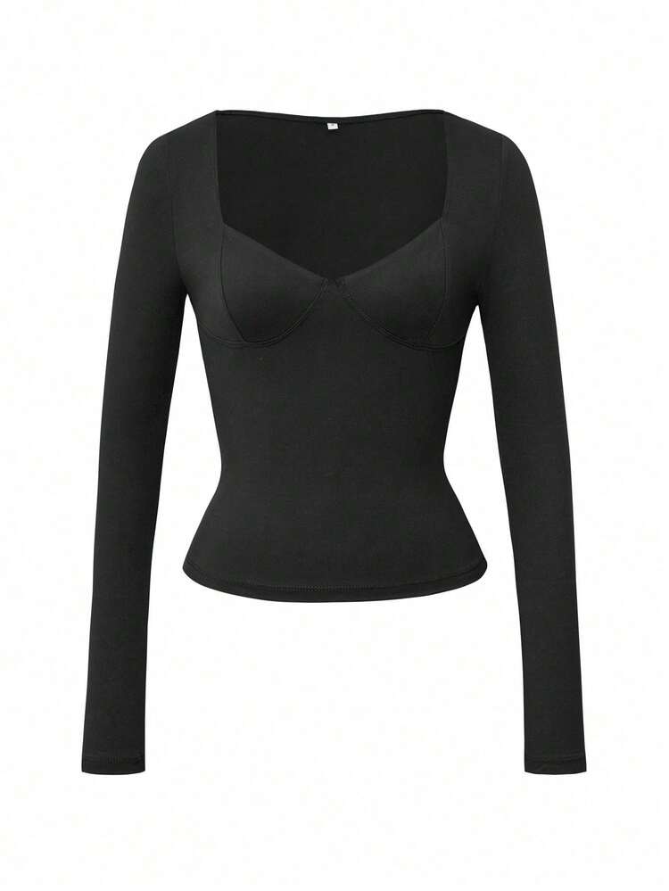 Vaiaye Women's Sexy Slim Fit Deep V-Neck Long Sleeve Top, Solid Color Knit T-Shirt, Suitable For Valentine's Day Wear - Black - View 3