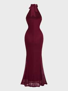 魅力优雅别致的露背修身纯色派对性感连衣裙，女士优雅派对礼服 - 酒紅色 - 查看 4