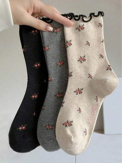 3 أزواج من الجوارب الكاجوال للنساء بطراز زهري عتيق مع تطريز دانتيل، بطراز حلو وأنيق، مناسبة لجميع المواسم