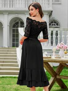 MIUSOL Elegant Women's Floral Lace Boat Neck Contrast Black Chiffon Midi Swing Dress, Half Sleeves Asymmetrical Ruffle Flowy Hem, For Wedding Guest, Cocktail Party, Evening Or Formal Event - màu đen - Xem 6