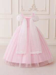 Young Girls Blue Off-Shoulder Tulle Princess Dress, Suitable For Party - Pink - View 6
