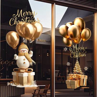 1/2 Pcs Gold Christmas Snowman Giving Gift Window Glass Sticker Removable Vinyl Decal For Home Bathroom Classroom Office Christmas Party Decoration